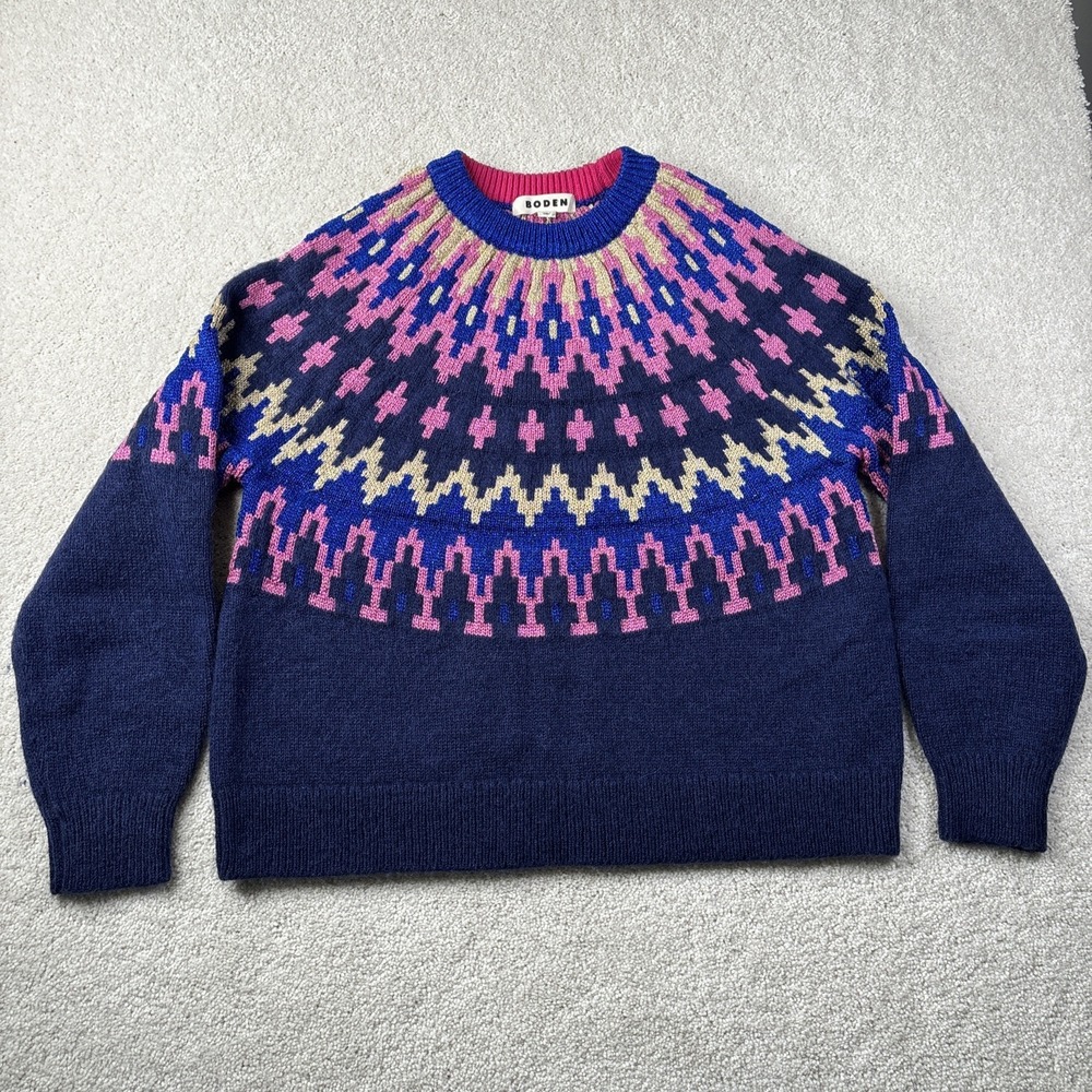 Boden Jumper Size Medium Navy Sparkle Fair Isle Yoke Wool Chunky‎ Knit Kat READ